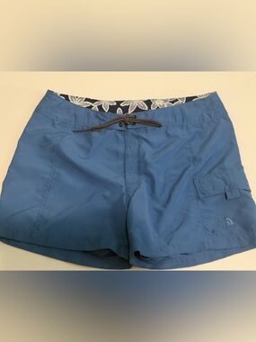 The North Face Women's Blue Drawstring Swim Shorts with Floral Waistband